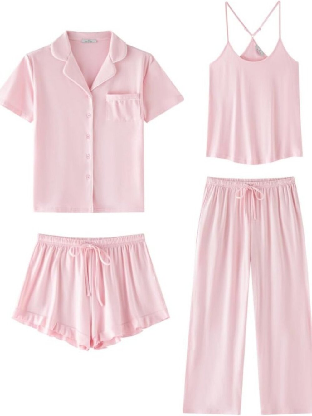 Cozy 4-Piece Women’s Soft Pajama Set, Cute Ruffle Shorts & Cami Top, Sleepwear